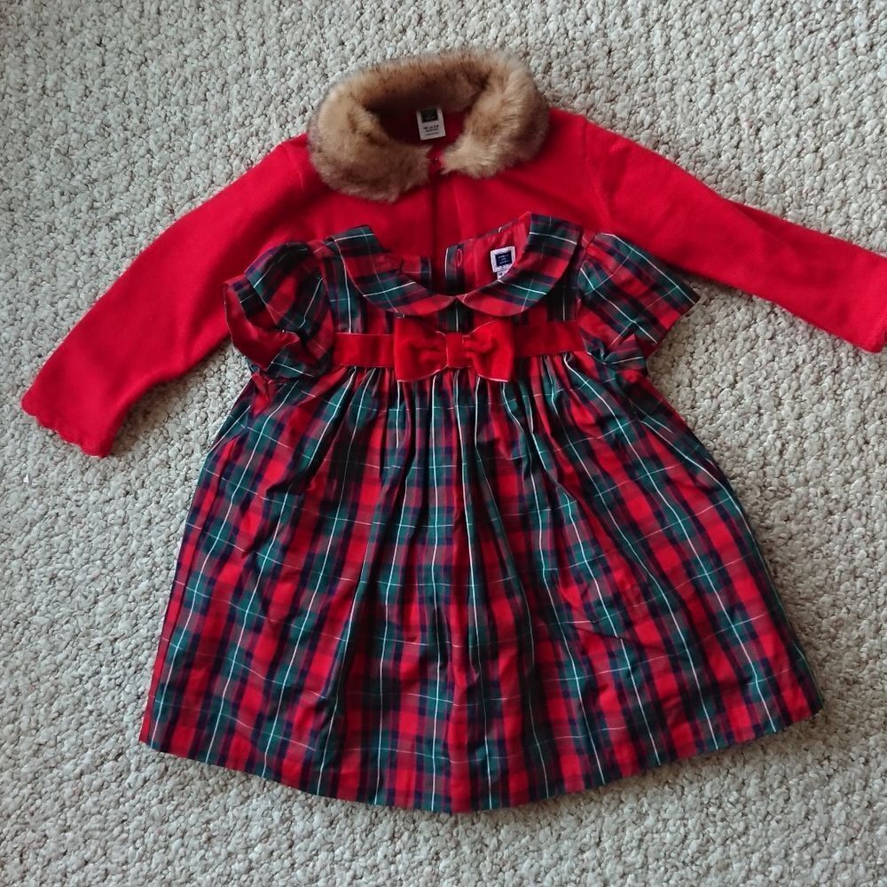 Janie & Jack the holiday dress and red faux fur cardigan size 18-24 month